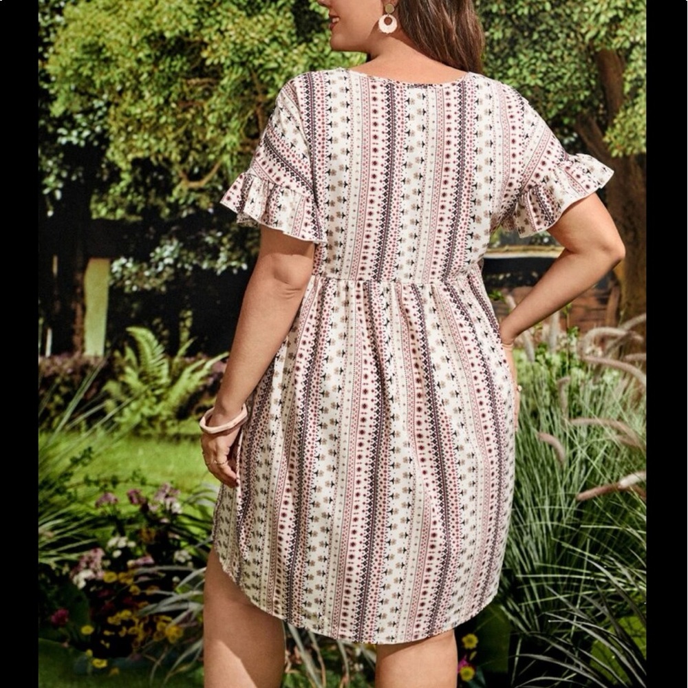Boho Plus Size Floral Stripe Ruffle Sleeve Mini Dress - Picture 5 of 11